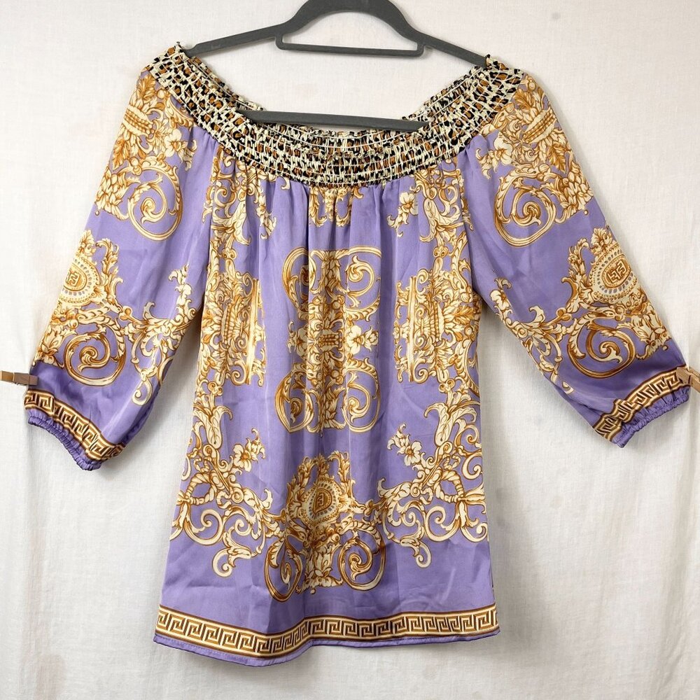 Cache Satin Off Shoulder Peasant Top Women XS Y2K Baroque Gold Greek 00s Leopard